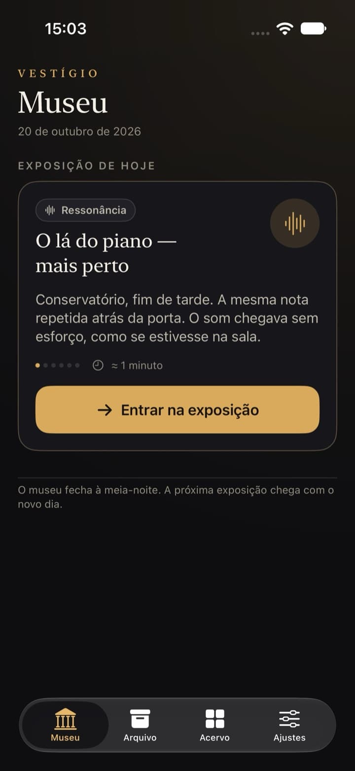 Tela Museu do VESTÍGIO no iPhone: a exposição de hoje, na sala Ressonância, com o botão Entrar na exposição.