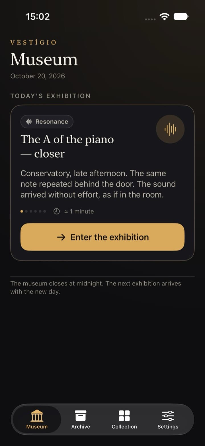 VESTÍGIO Museum screen on iPhone: today's exhibition, in the Resonance room, with the Enter the exhibition button.